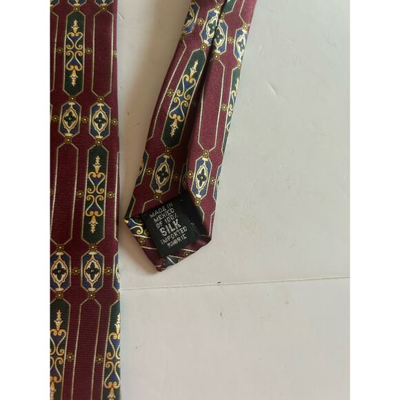 Savile Row Tie 100% Silk Men's Geometric Pattern Wine Burgundy Gold Blue - Picture 4 of 6